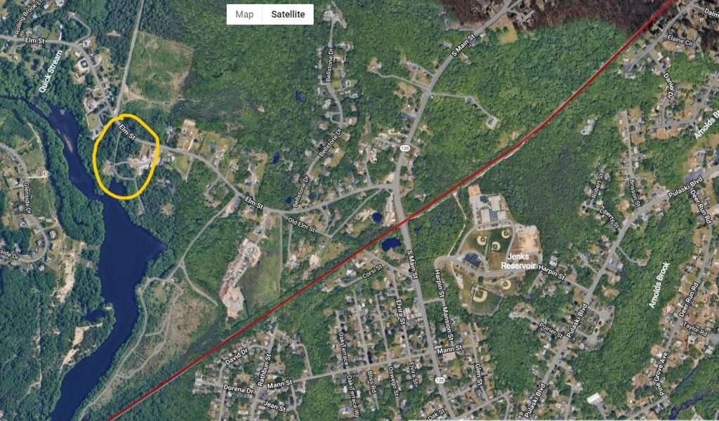Proposed Location circled in yellow, Red line in the SNETT trail