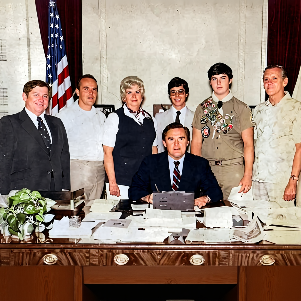 Colorized photo of: Rep. Richard T. Moore. Jack Ryan, Mary M. Ryan, Richard Moore's aide, Timothy Ryan, Charles F. Anderson with Gov. Edward J. King (seated)