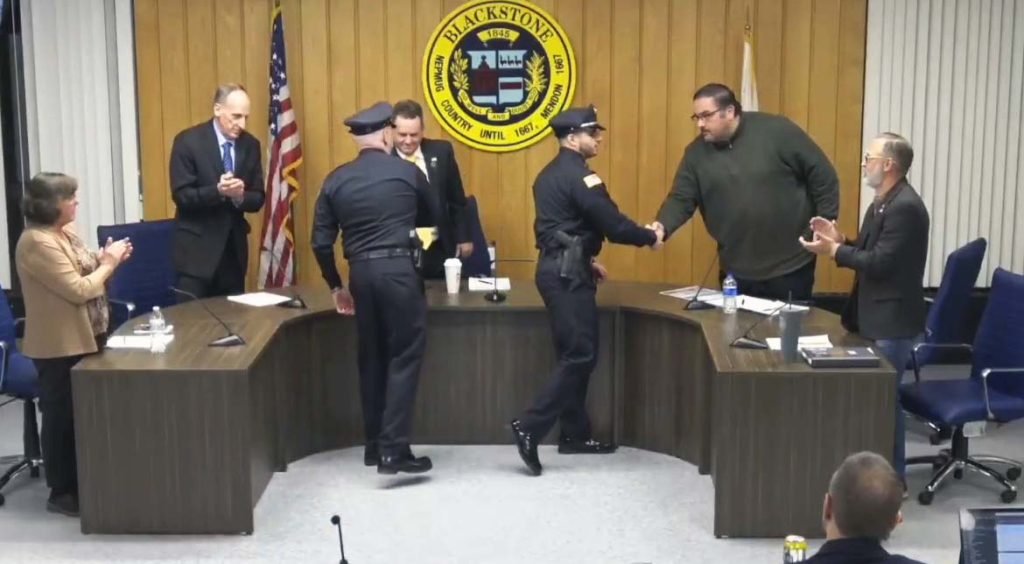 Blackstone police heroism - Officers Lawler and Fitzpatrick recognized by the Board of Selectman